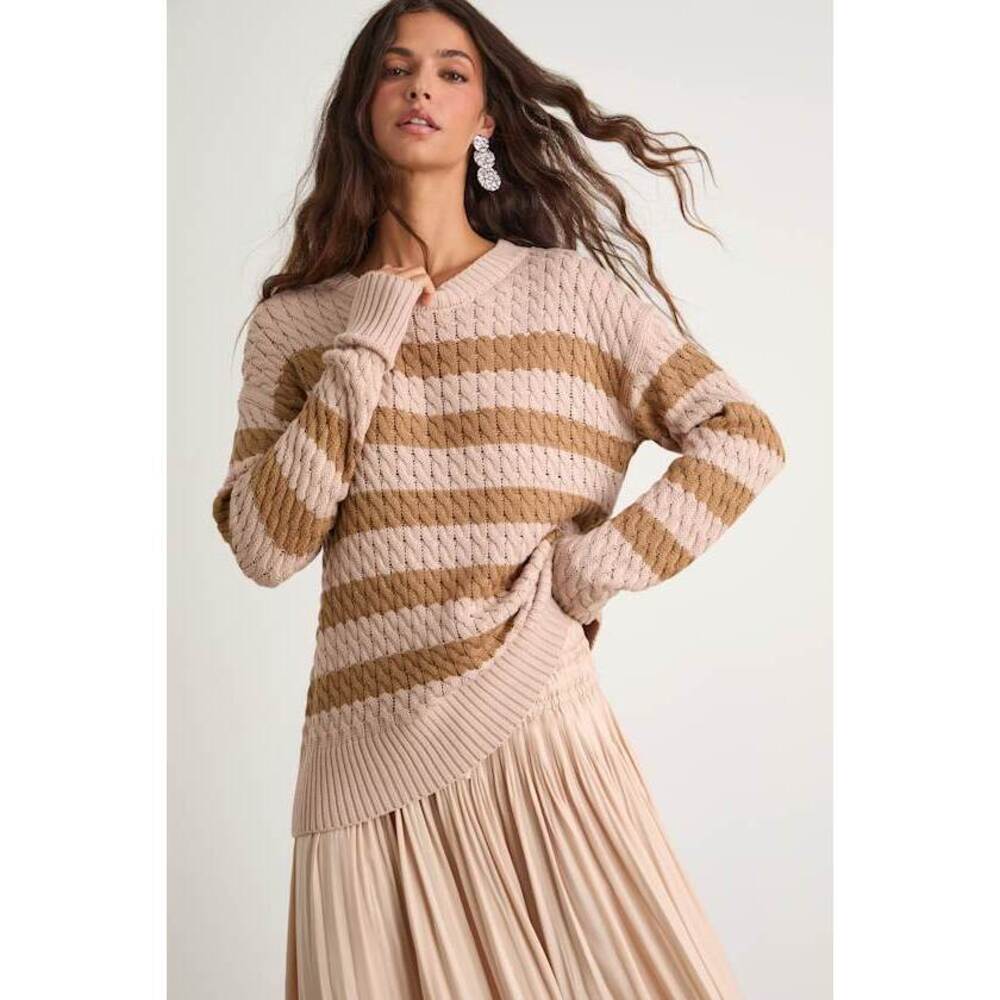 Lulus Navya Blush Striped Cable Knit Tunic Sweater Pink - Size XS